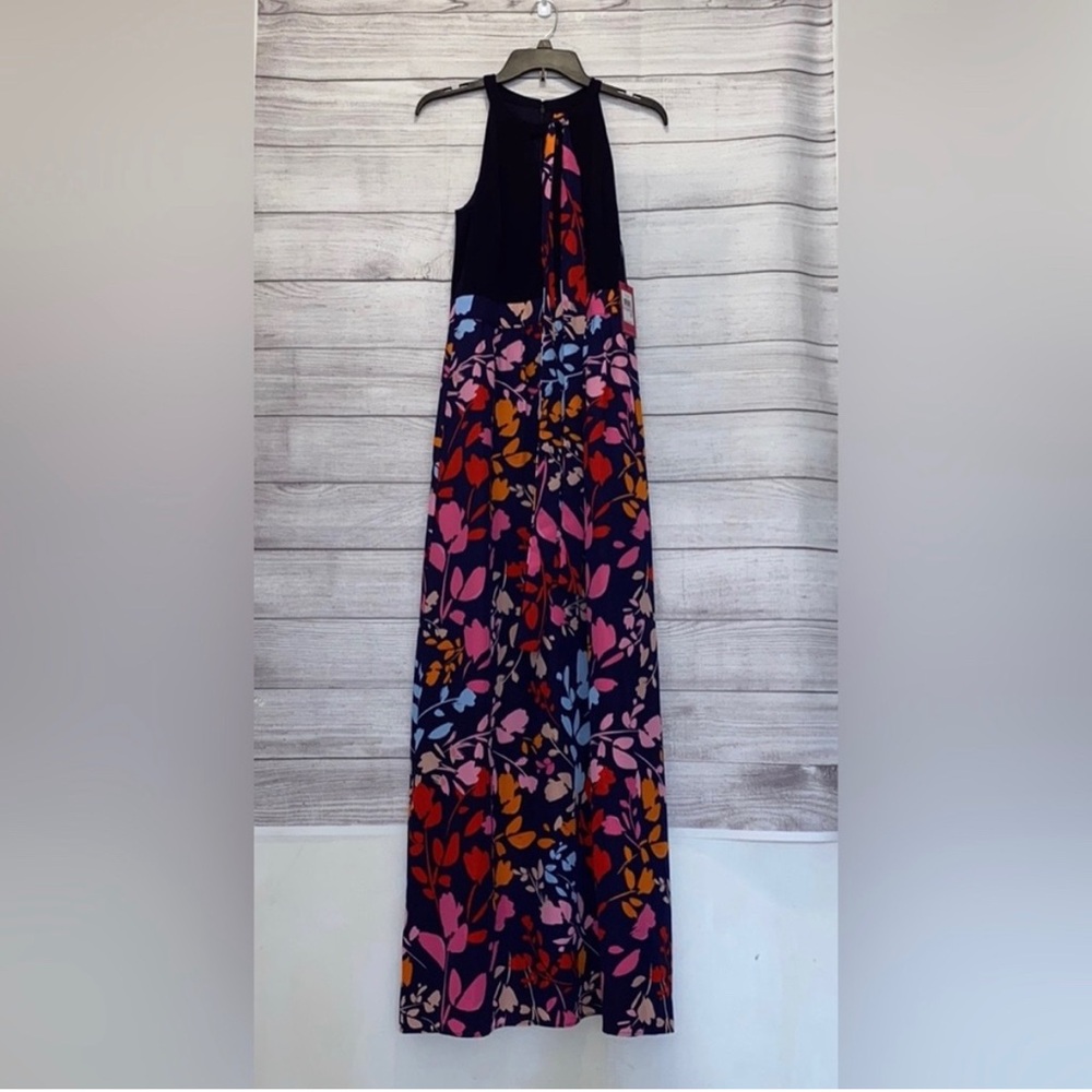 NWT Vince Camuto Navy Floral Maxi Halter Dress With Scarf - Size: 6 - Picture 2 of 11